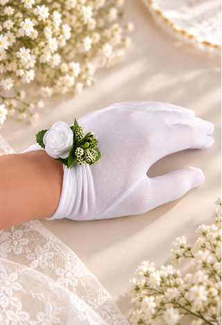 First Communion Gloves with a White Rose and a Green Leaf | MK Maryla