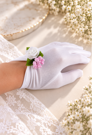 Weiße Kommunionhandschuhe mit einer Rose und einem rosa Akzent | MK Maryla
