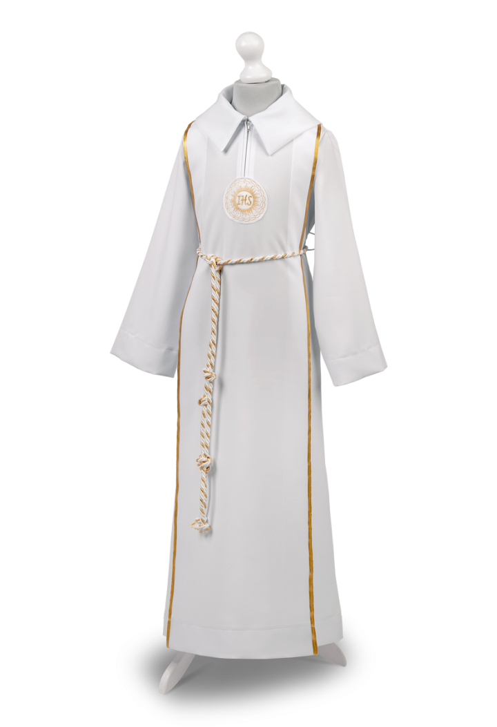 Szata komunijna wiązana dla chłopca z kapturem przechodzącym w kołnierz - Jan 008 - MKMaryla